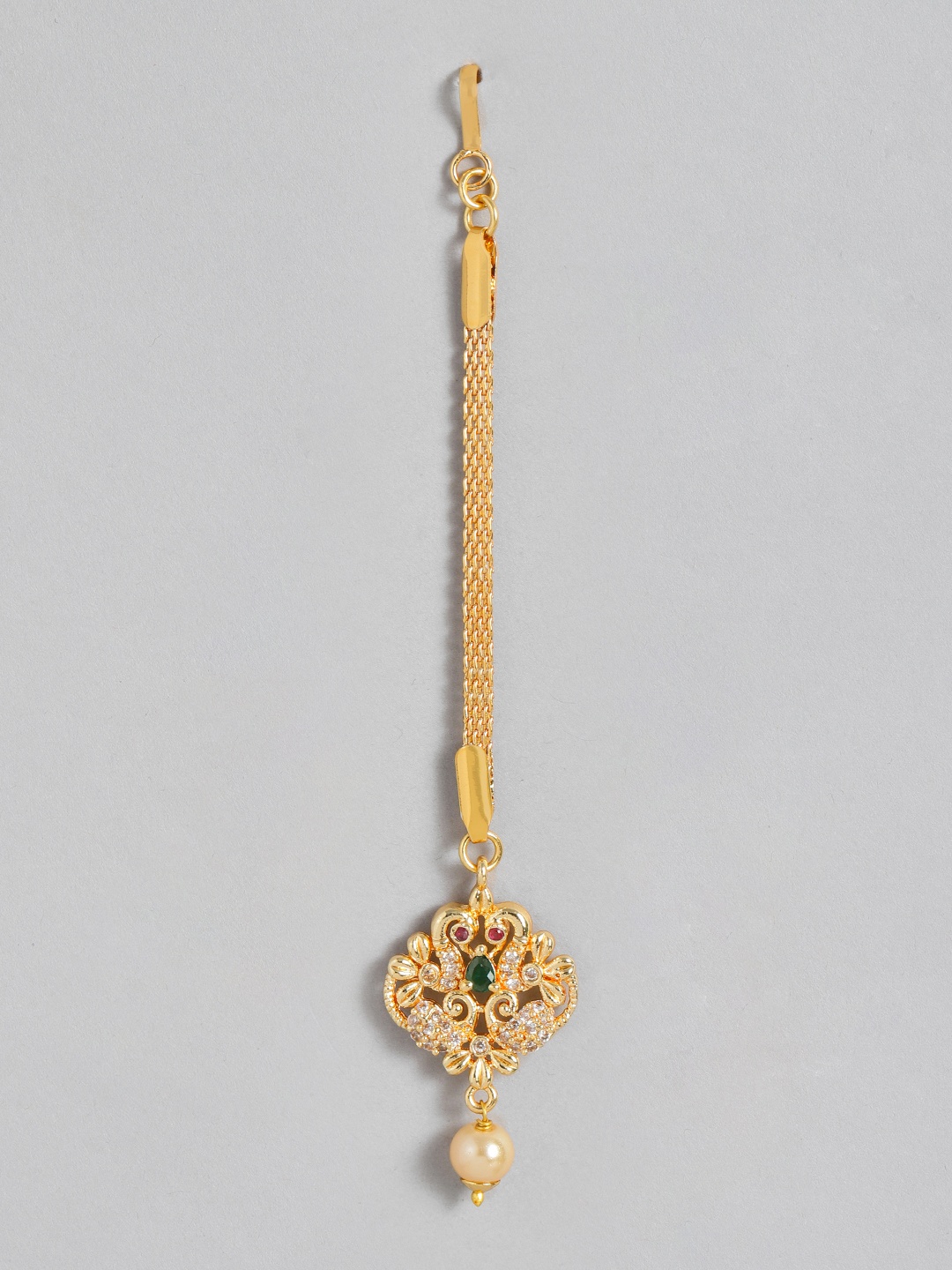

Estele Gold-Plated CZ-Studded & Beaded Peacock Maang Tika, Green