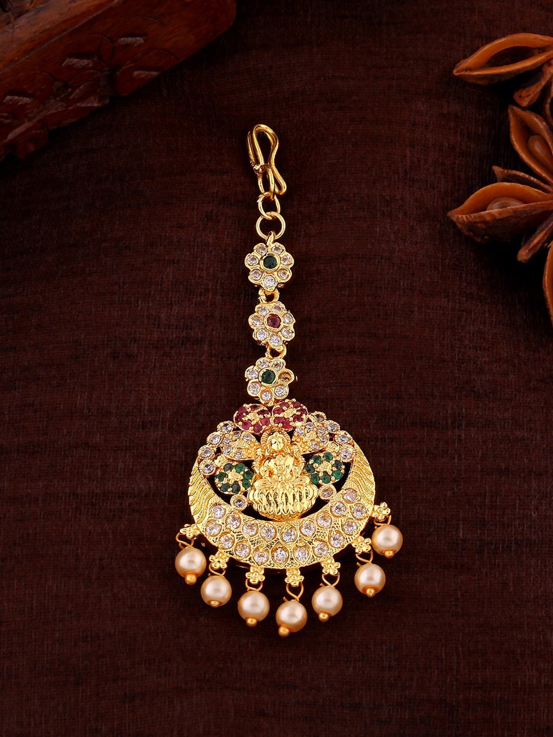 

Estele Gold-Plated CZ Stone-Studded & Beaded Maang Tikka, Pink
