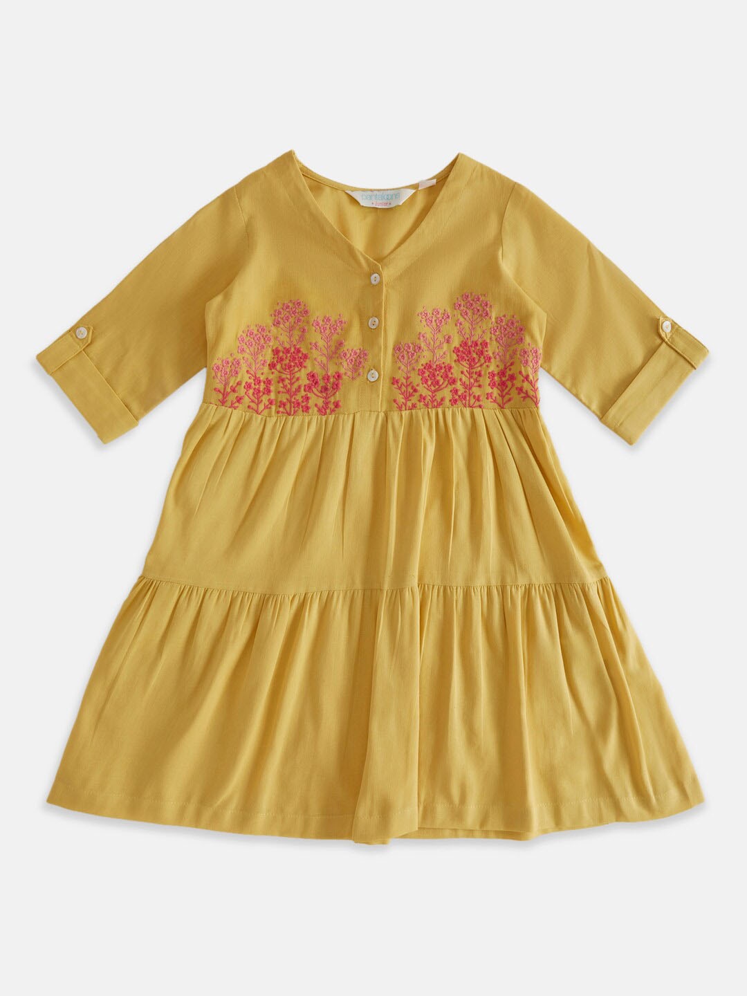 

AKKRITI BY PANTALOONS Girls Floral Embroidered Tiered V-Neck Fit & Flare Cotton Dress, Mustard