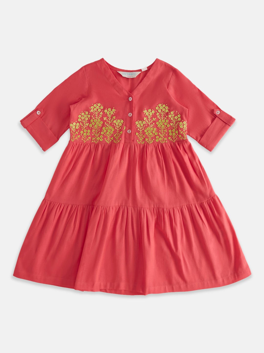 

AKKRITI BY PANTALOONS Girls Embroidered Fit & Flare Cotton Tiered Dress, Pink