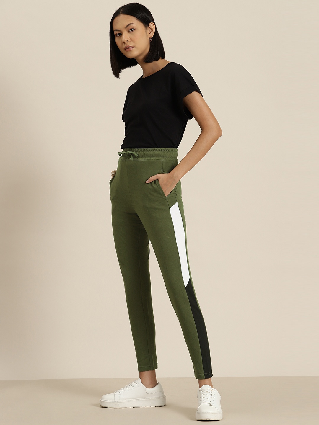

her by invictus Women Side Striped Joggers, Olive