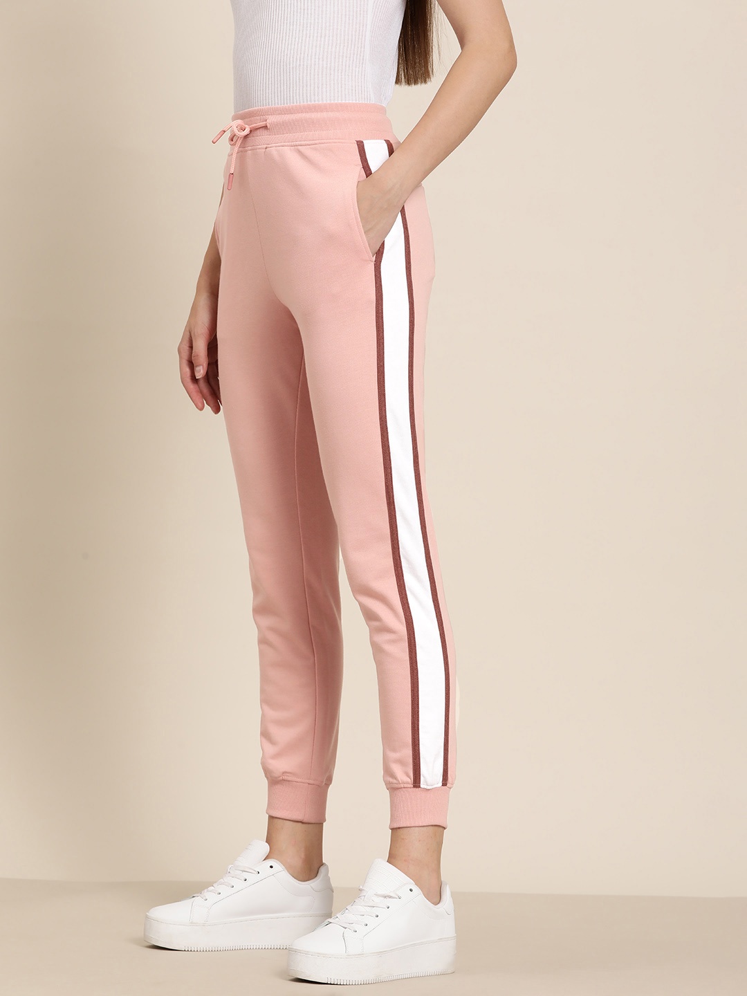 

her by invictus Women Mid-Rise Regular Fit Cropped Joggers with Side Taping, Pink