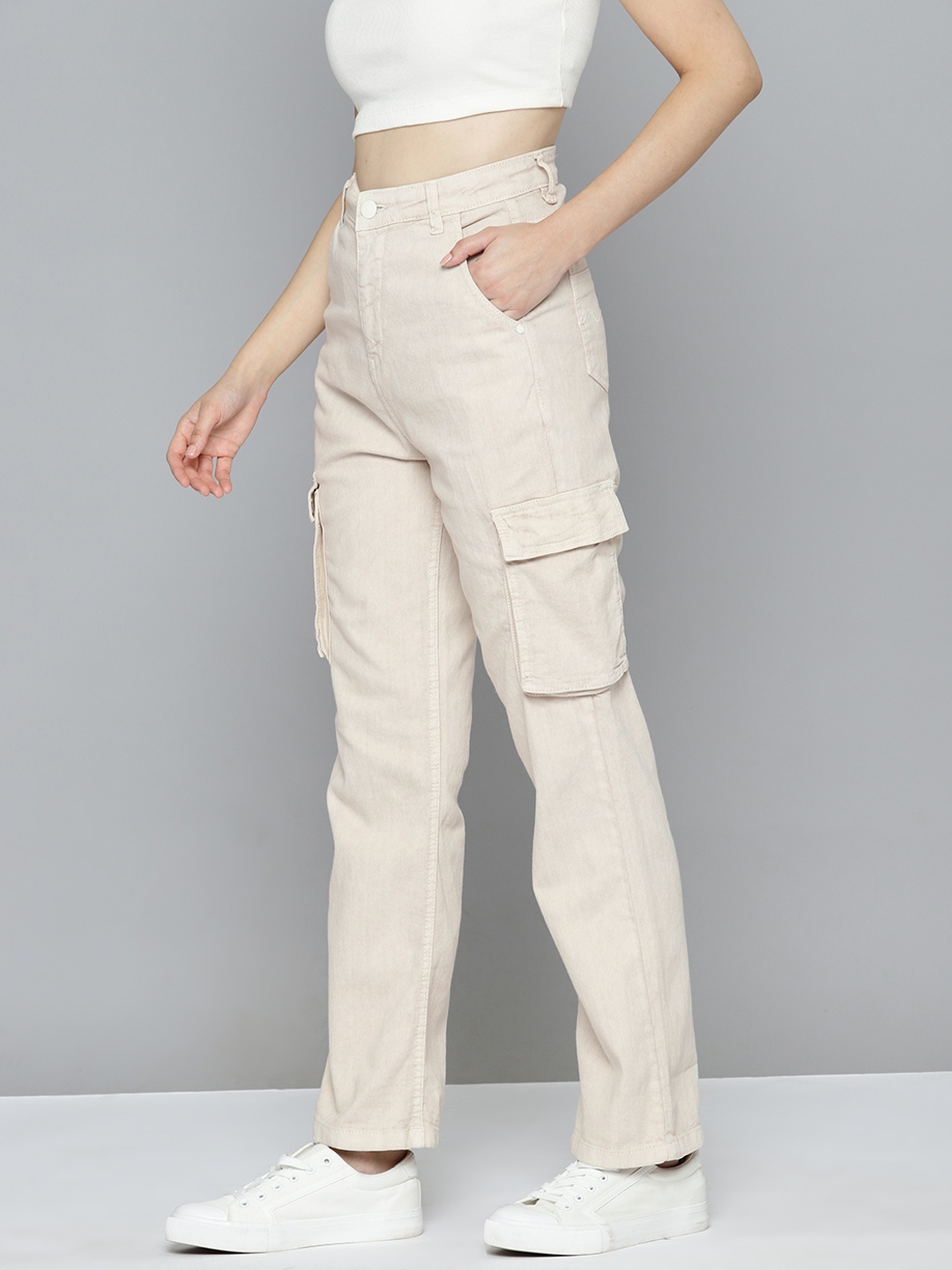 

Mast & Harbour Women Straight Fit High-Rise Stretchable Jeans, Beige