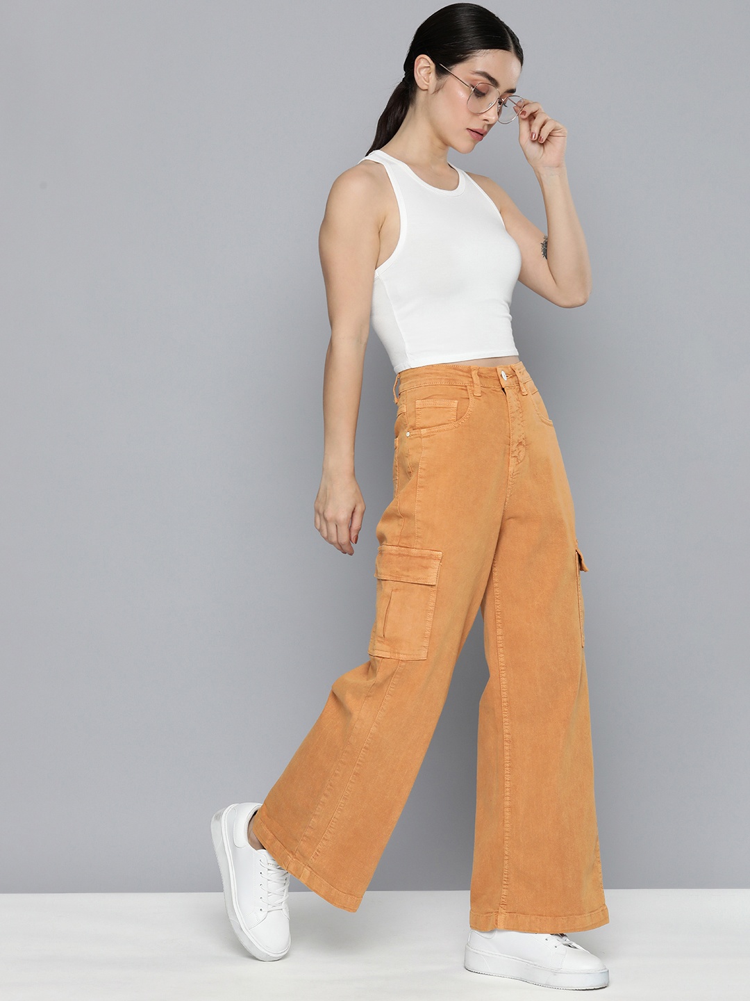 

Mast & Harbour Women Wide Leg Mid-Rise Stretchable Casual Jeans, Mustard