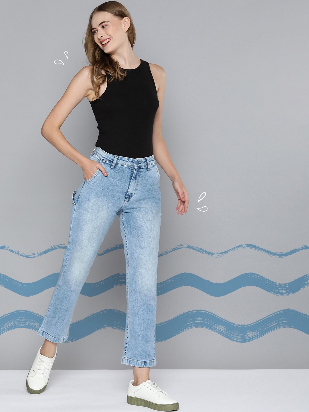 

Mast & Harbour Women Straight Fit Cargo Style Heavy Fade Stretchable Jeans, Blue