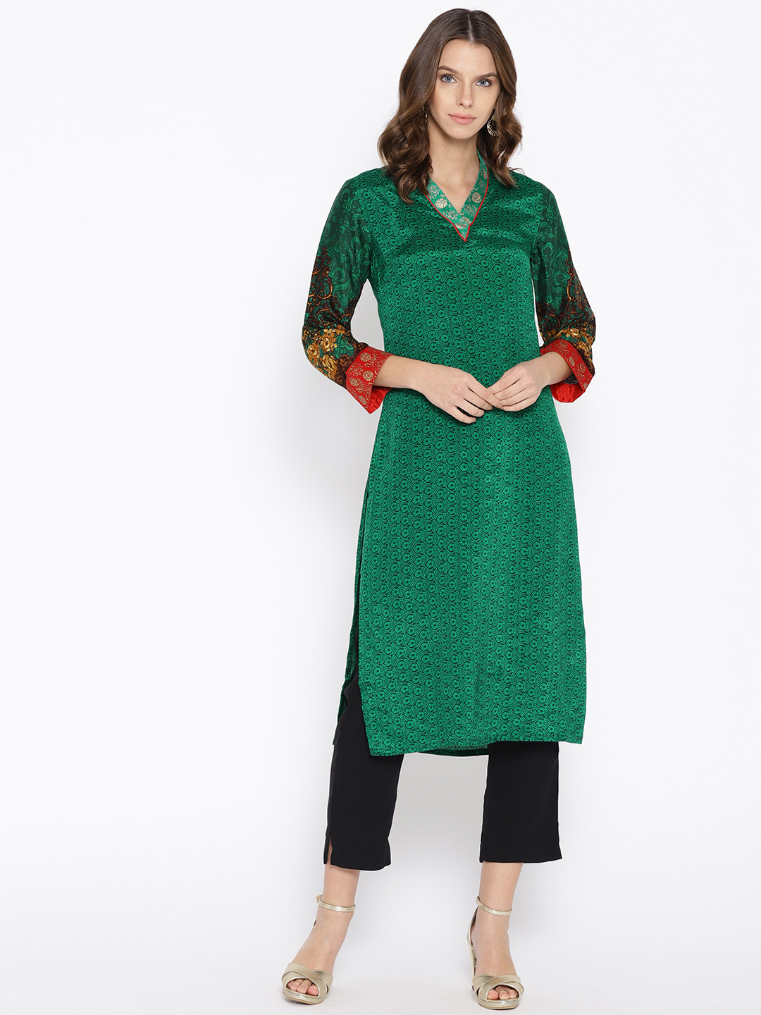 

Biba Women Green Printed Straight Kurta