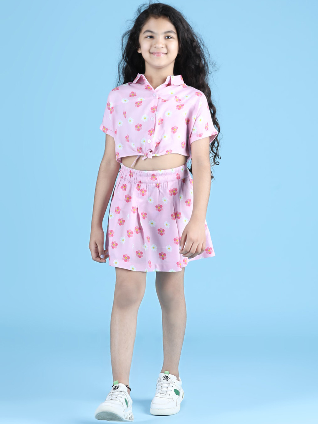 

luyk Girls Pink & White Printed Shirt with Skirt