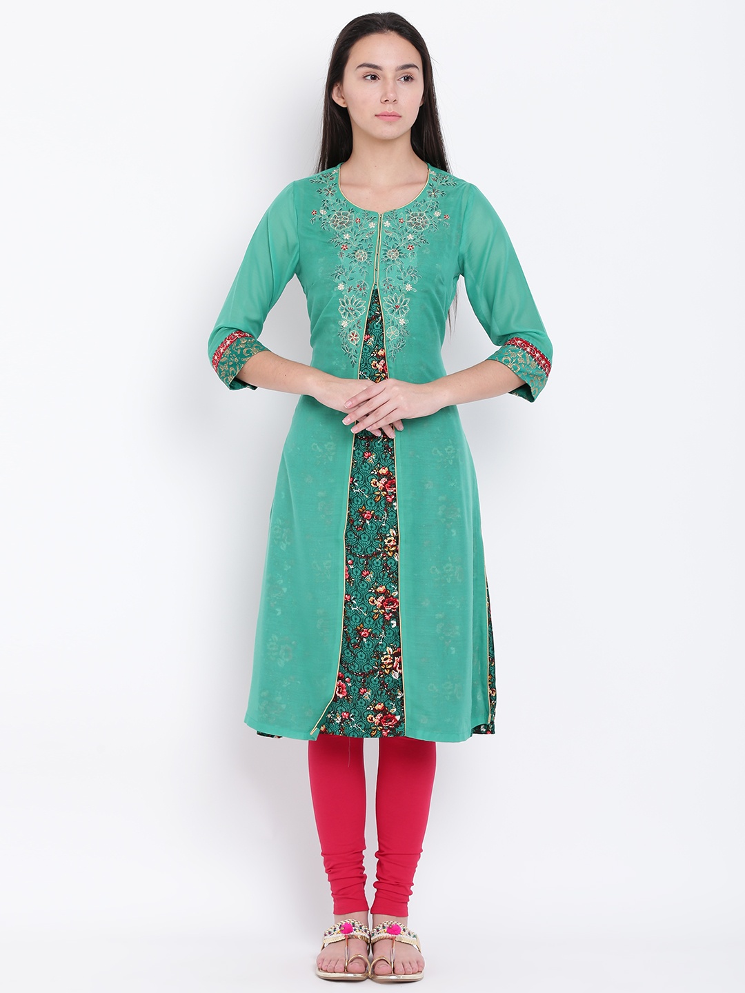 

Biba Women Green Floral Print Layered Straight Kurta
