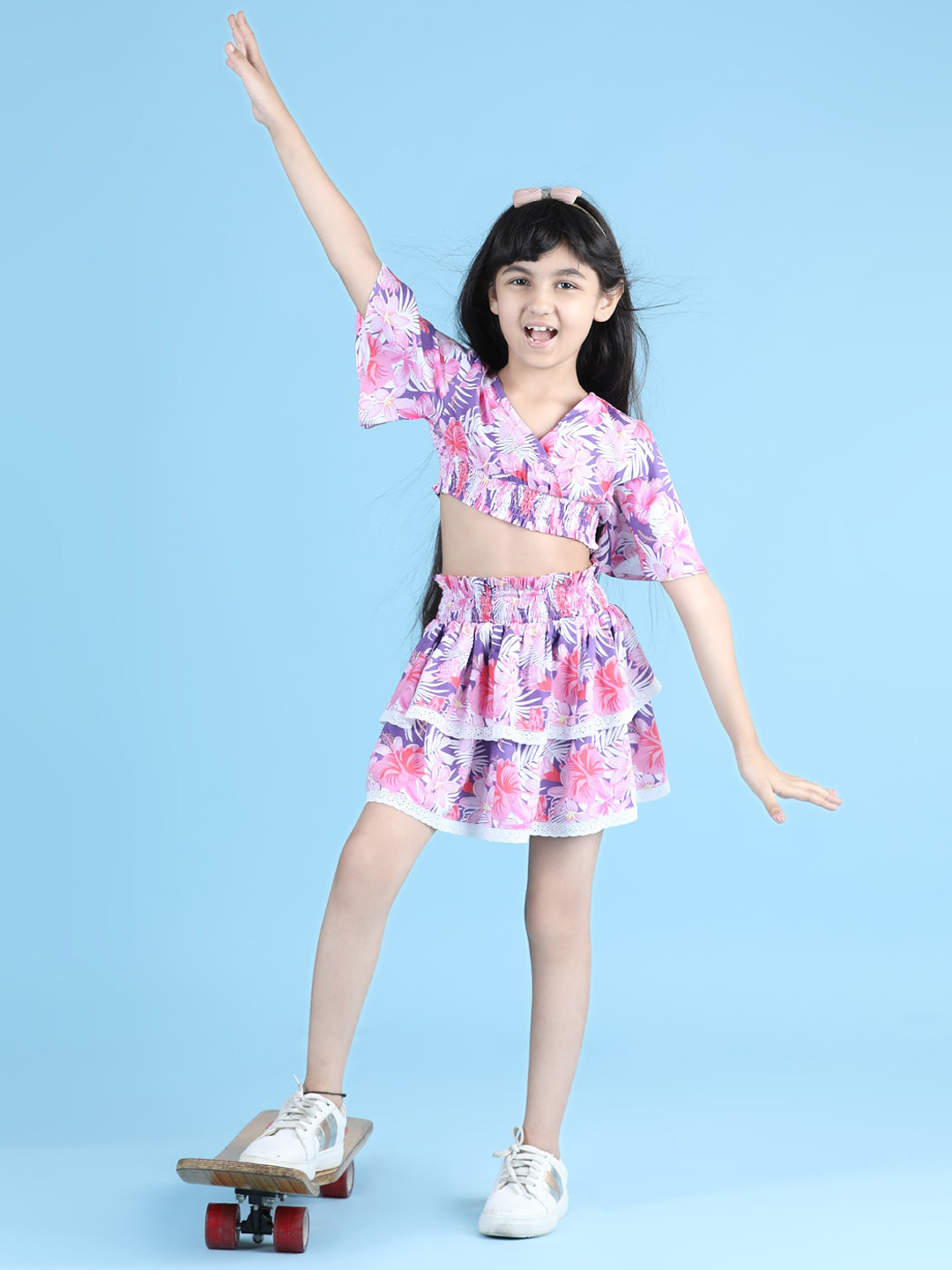 

luyk Girls Tropical Printed Top With Skirt, Pink