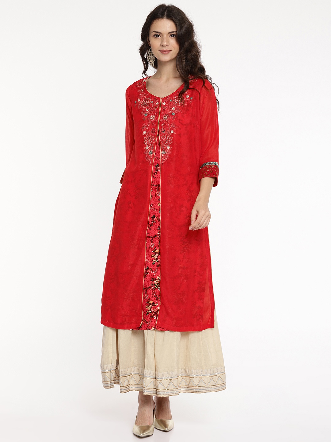 

Biba Women Red Floral Printed Layered Straight Kurta