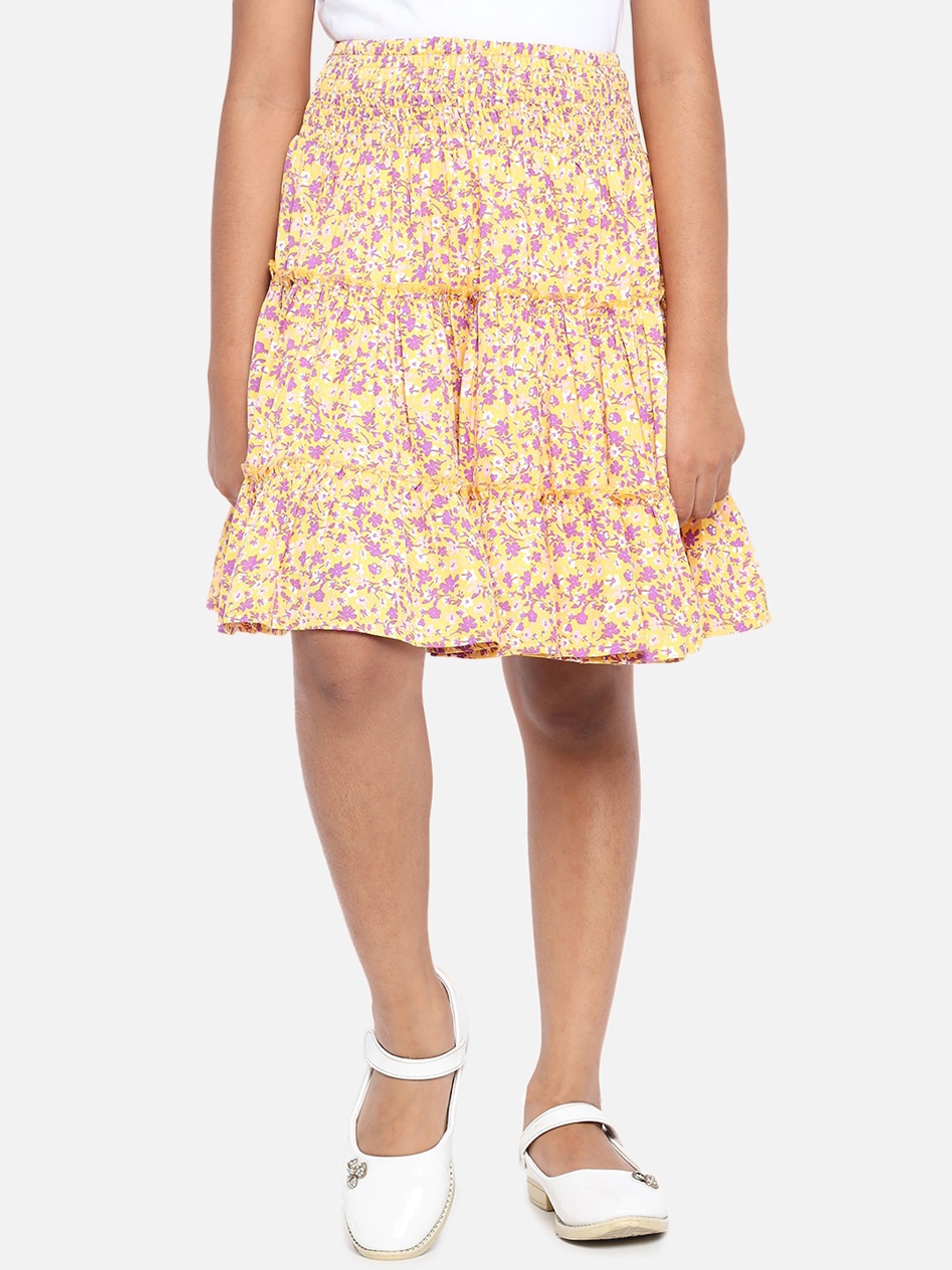 

luyk Girls Floral Printed Tiered Knee-Length Skirt, Yellow