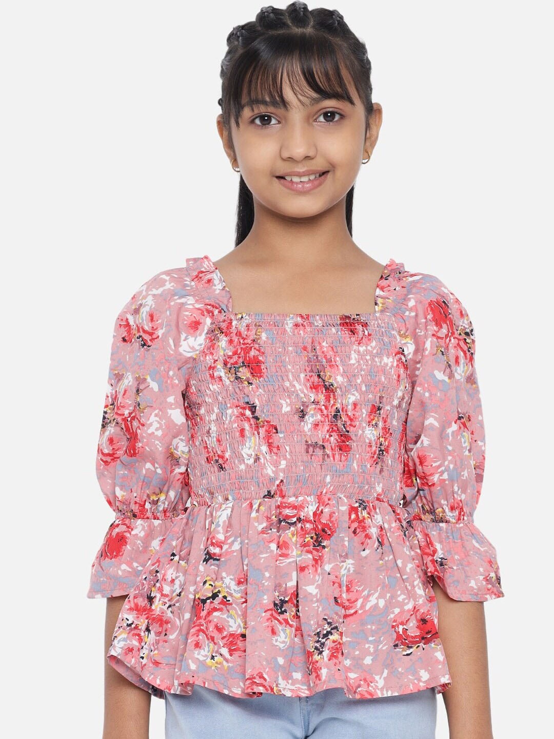 

luyk Girls Floral Printed Smocked Peplum Crepe Top, Pink