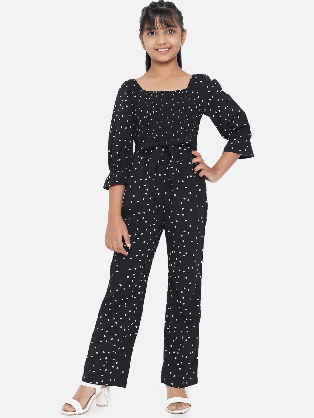 

luyk Girls Printed Smocked Basic Jumpsuit, Black