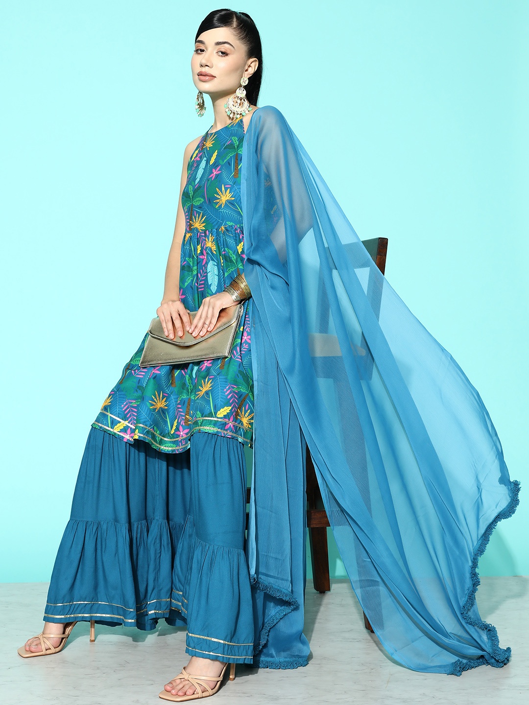 

Moda Rapido Women Ethnic Motifs Printed Gotta Patti Kurta with Sharara & Dupatta, Teal