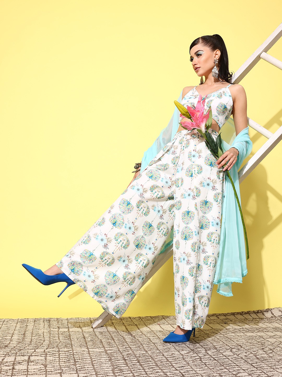 

Moda Rapido Floral Print Fusion Co-Ords with Dupatta, White