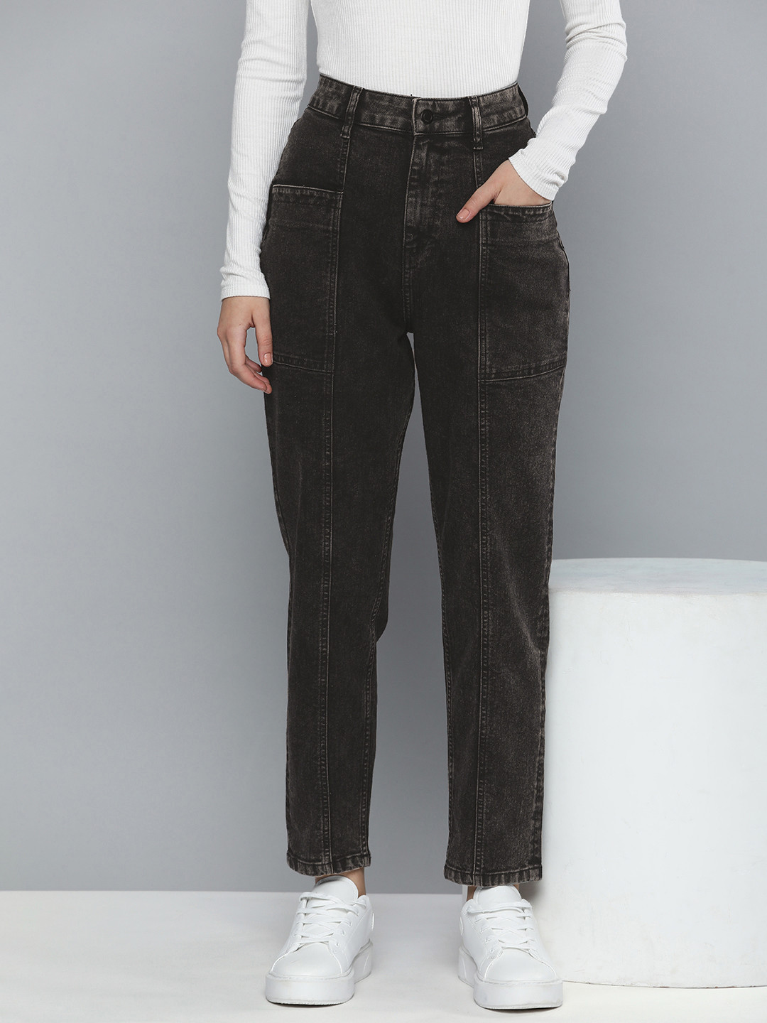 

Mast & Harbour Women Boyfriend Fit High-Rise Light Fade Stretchable Jeans, Black