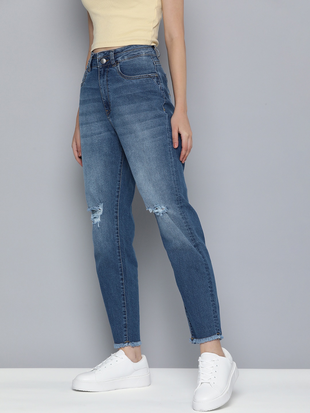 

Mast & Harbour Women Boyfriend Fit High-Rise Heavy Fade Stretchable Jeans With Raw Hem, Blue