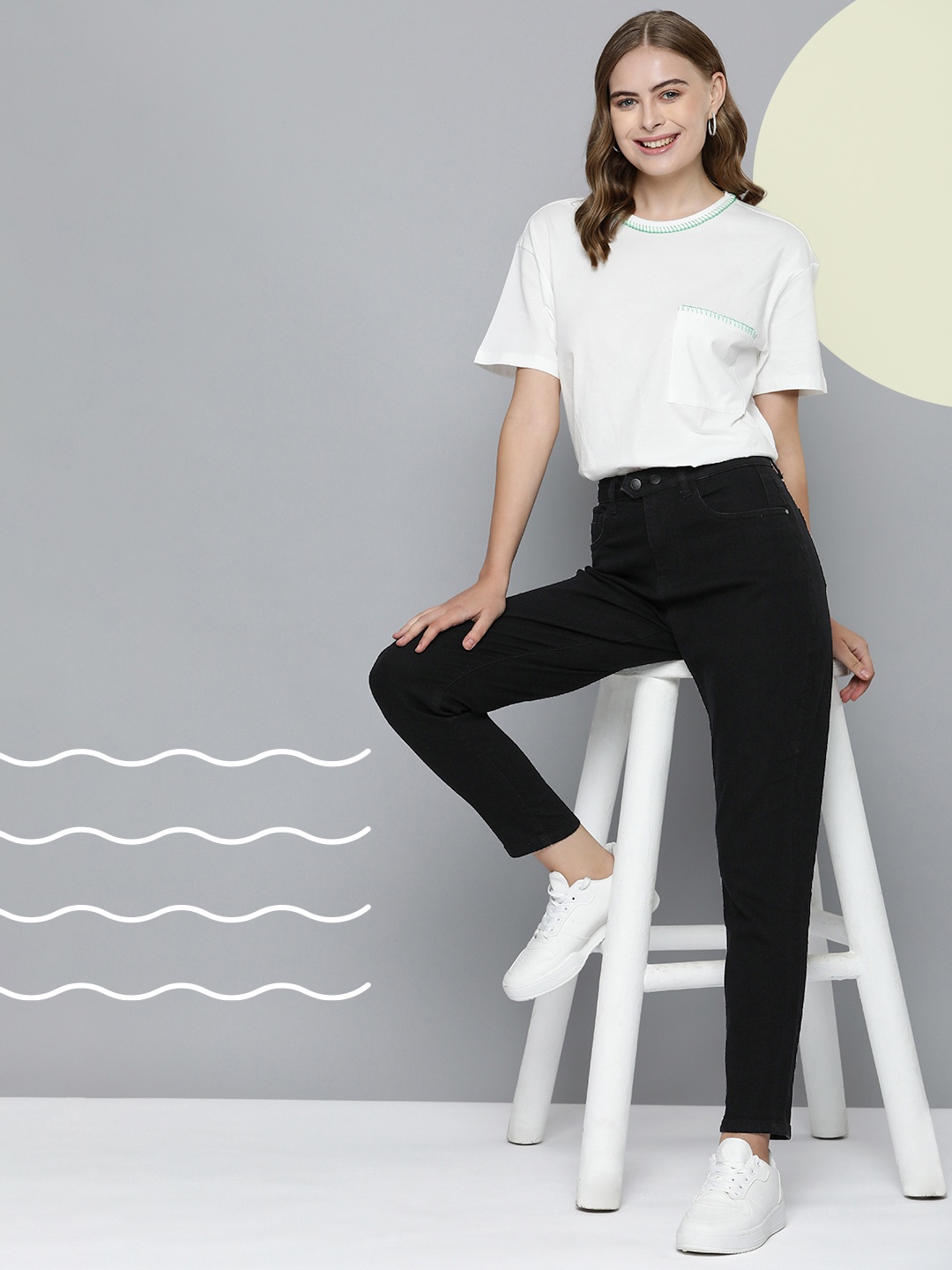 

Mast & Harbour Women Mom-Fit High-Rise Stretchable Jeans, Black