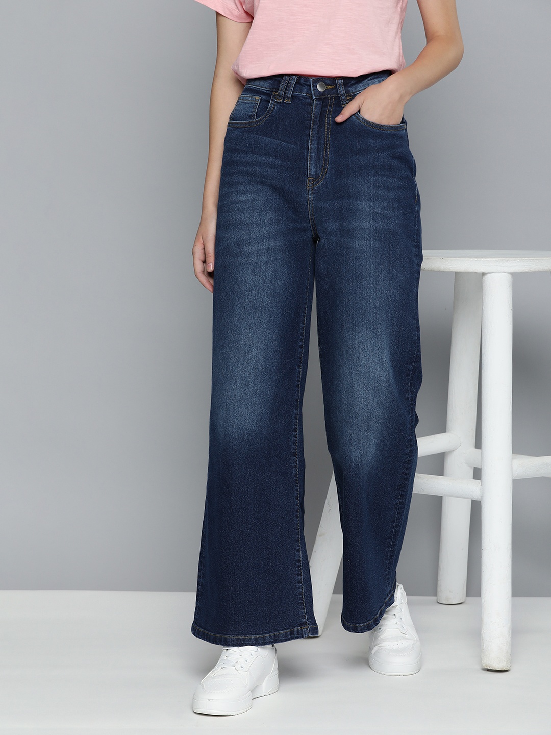 

Mast & Harbour Women Wide Leg High-Rise Heavy Fade Stretchable Jeans, Blue