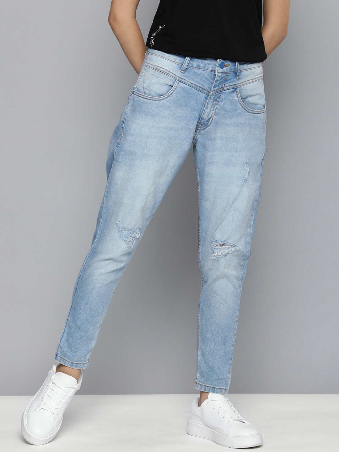 

Mast & Harbour Women Mom Fit Heavy Fade Stretchable Jeans, Blue