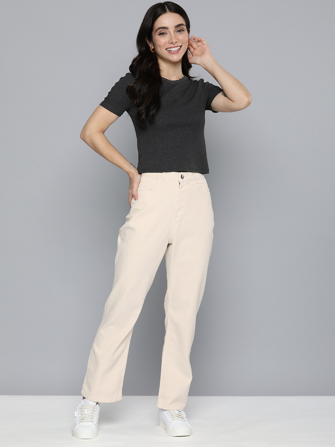 

Mast & Harbour Women Straight Fit High-Rise Stretchable Jeans, Cream