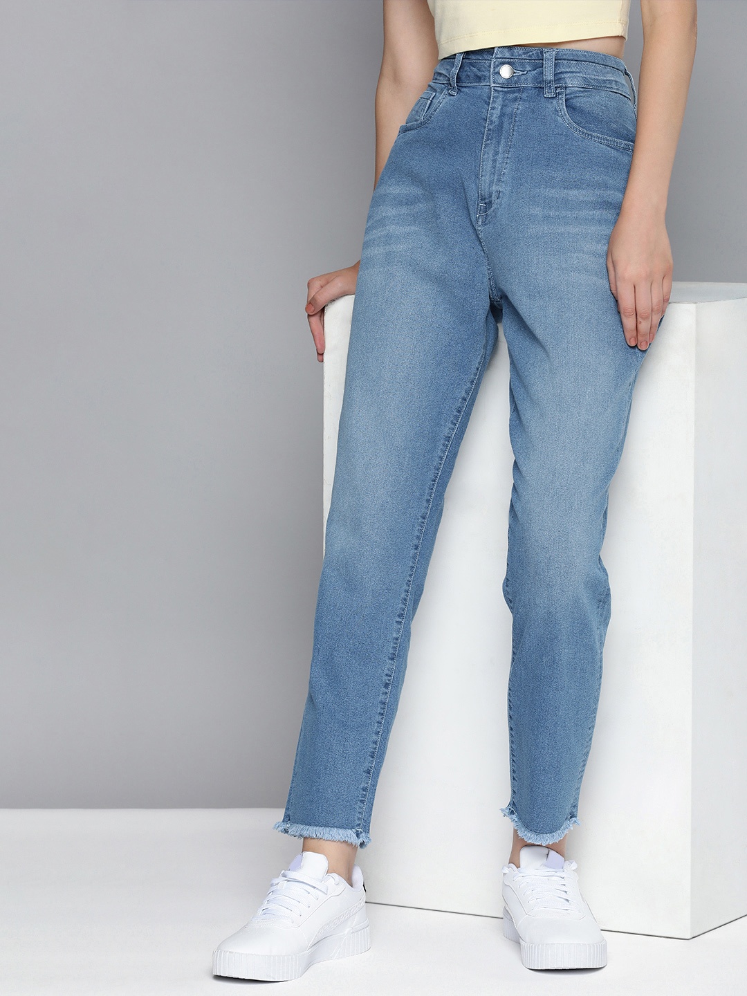 

Mast & Harbour Women Boyfriend Fit High-Rise Light Fade Stretchable Jeans, Blue