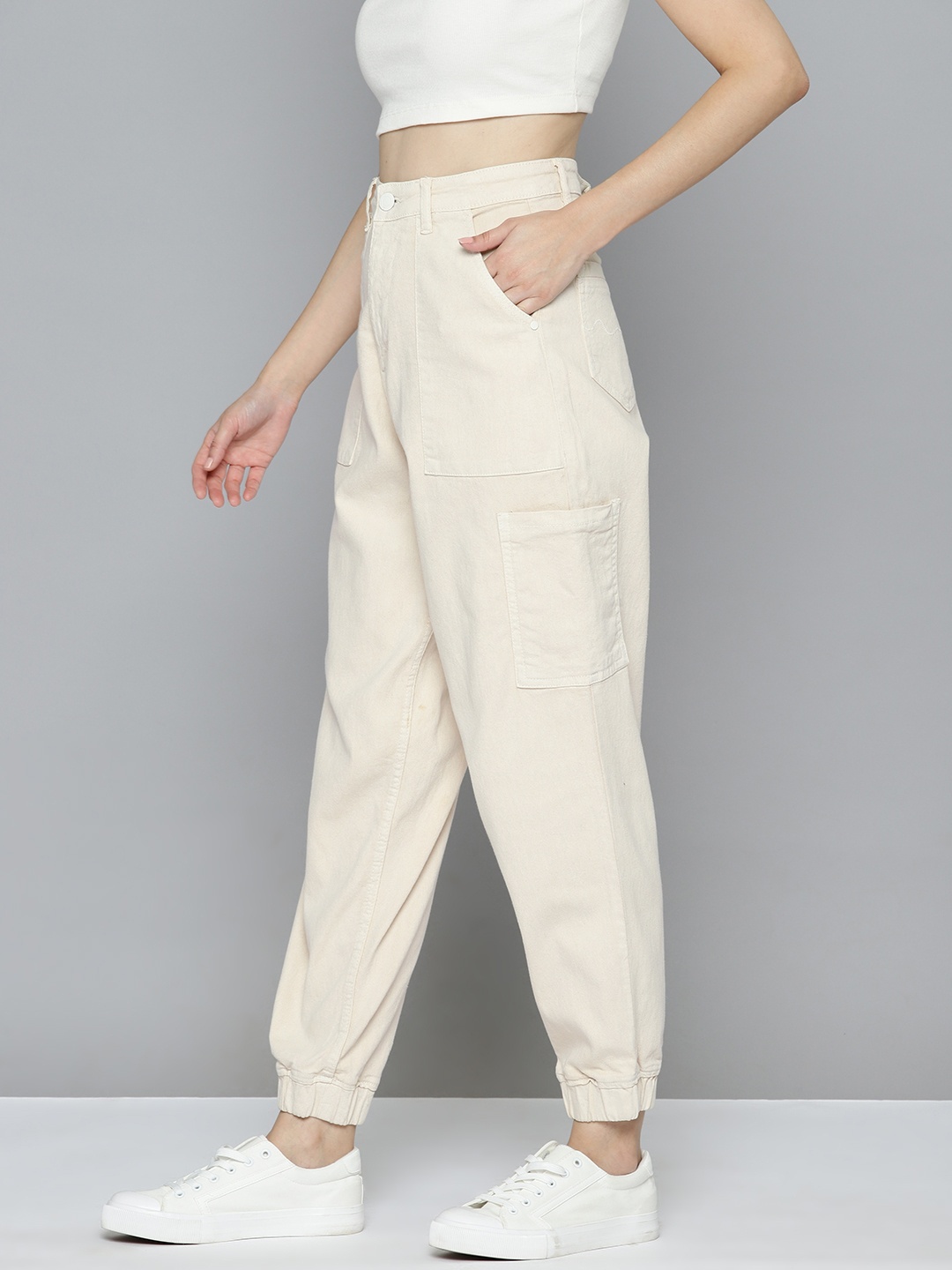 

Mast & Harbour Women High-Rise Stretchable Jogger Jeans, Beige
