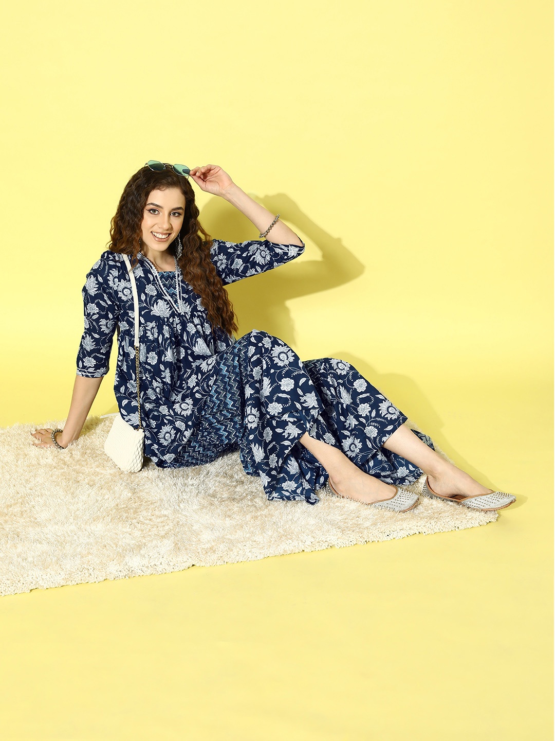 

HERE&NOW Pure Cotton Printed Pleated Kurti with Sharara, Navy blue