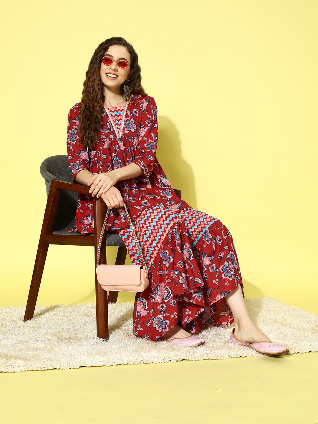 

HERE&NOW Pure Cotton Printed Pleated Kurti with Sharara, Red