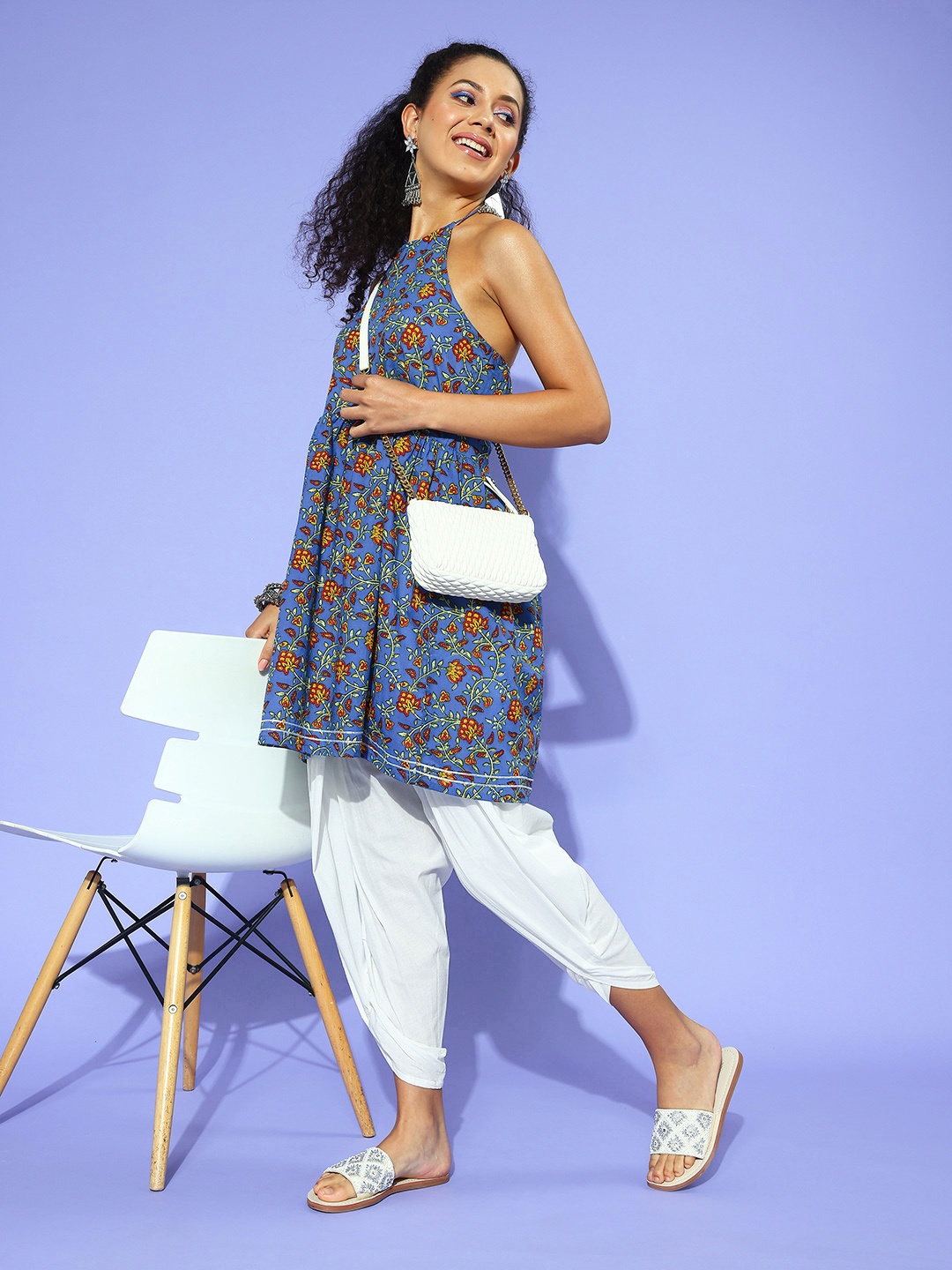 

HERE&NOW Floral Printed Pure Cotton Kurti with Dhoti Pants, Blue