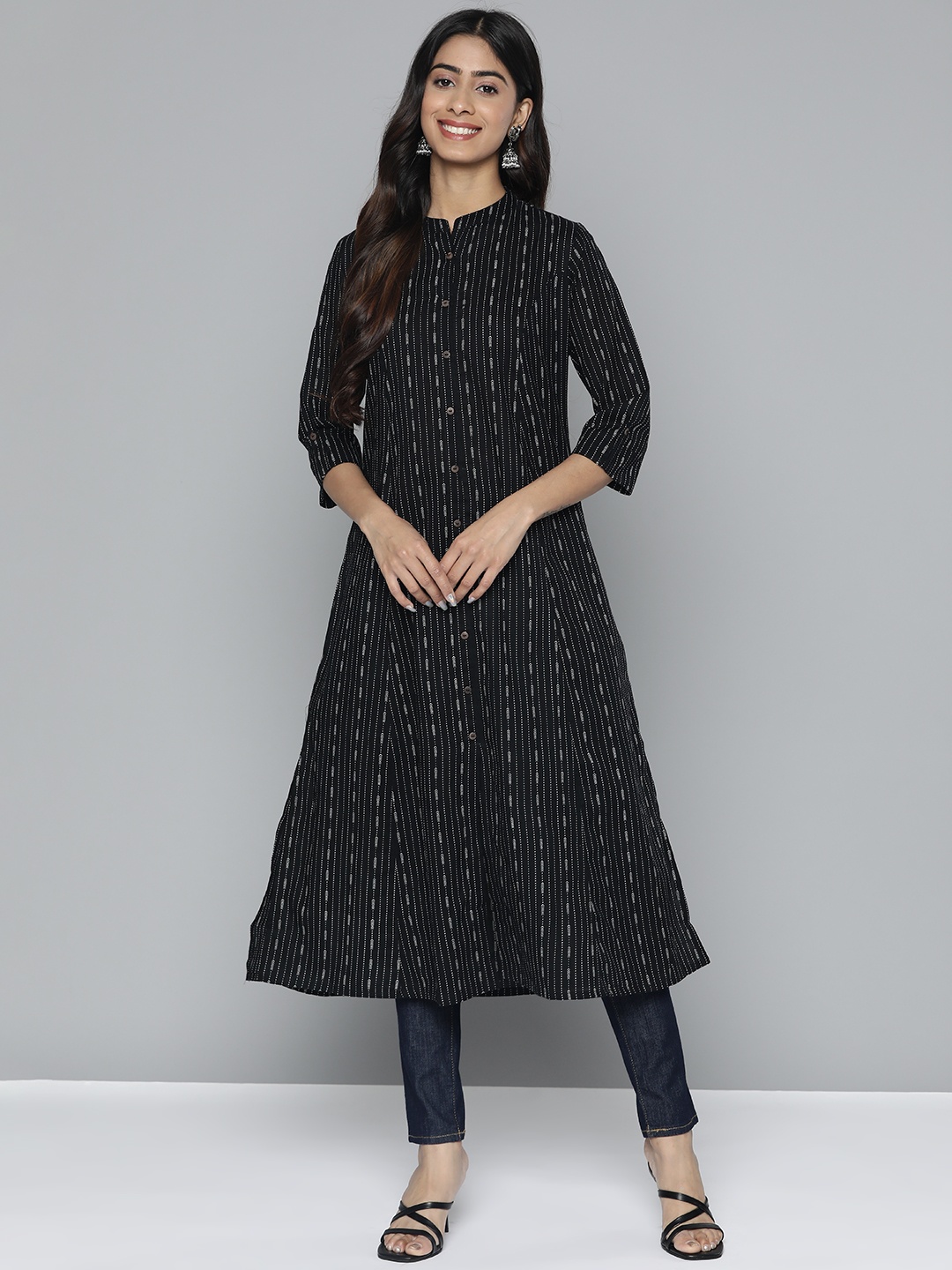 

HERE&NOW Women Pure Cotton Ethnic Motifs Printed A-Line Kurta, Black