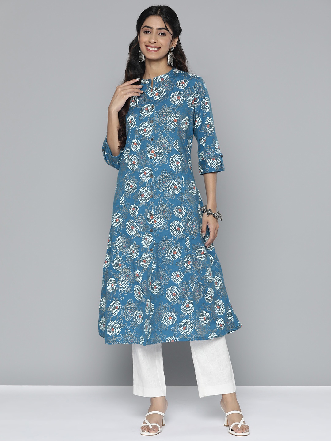 

HERE&NOW Pure Cotton Floral Printed A-Line Kurta, Blue