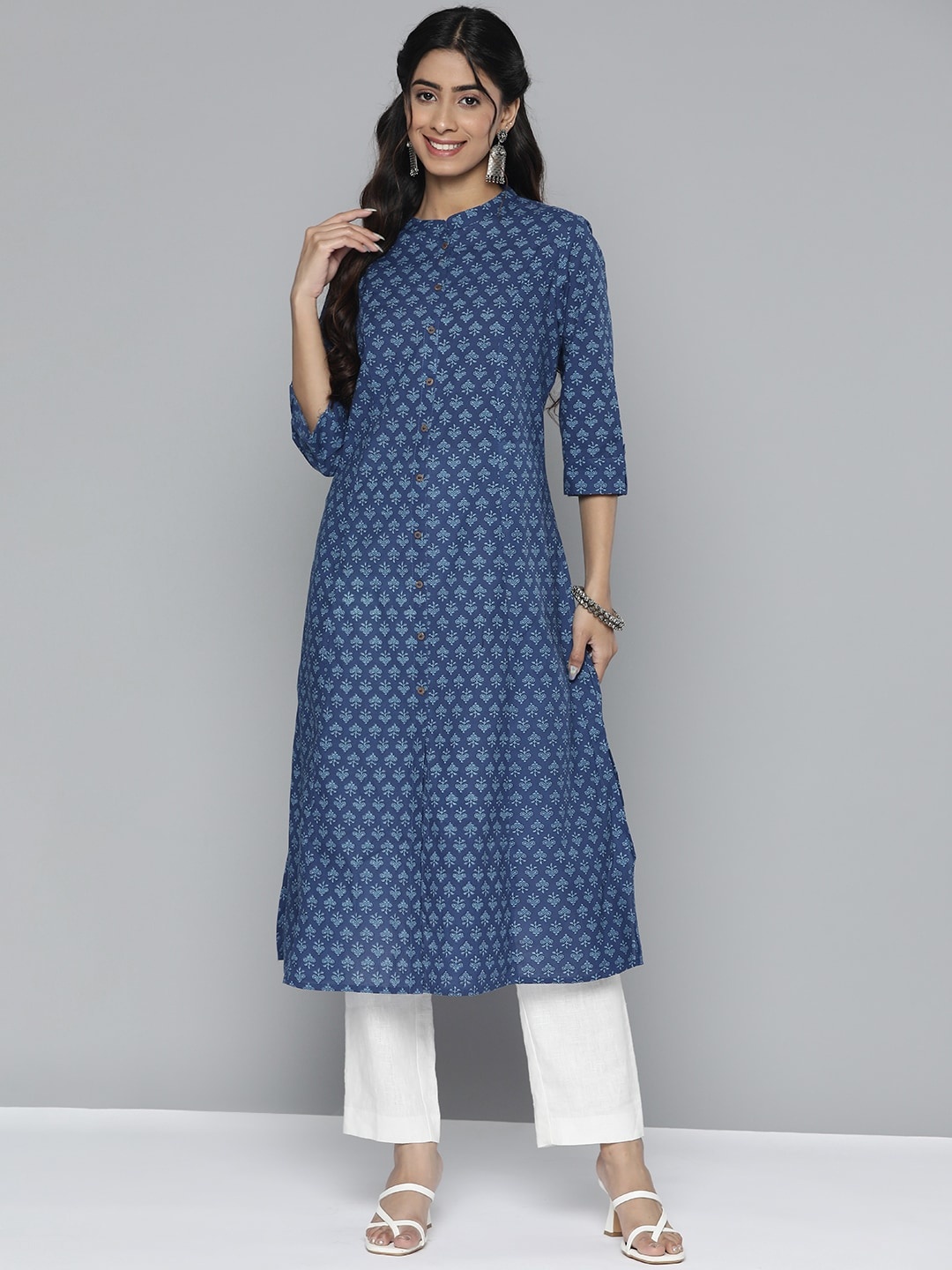 

HERE&NOW Women Pure Cotton Ethnic Motifs Printed Kurta, Navy blue