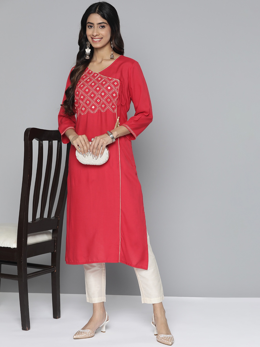 

HERE&NOW Women Pure Cotton Ethnic Motifs Mirror Work Angrakha Kurta, Red