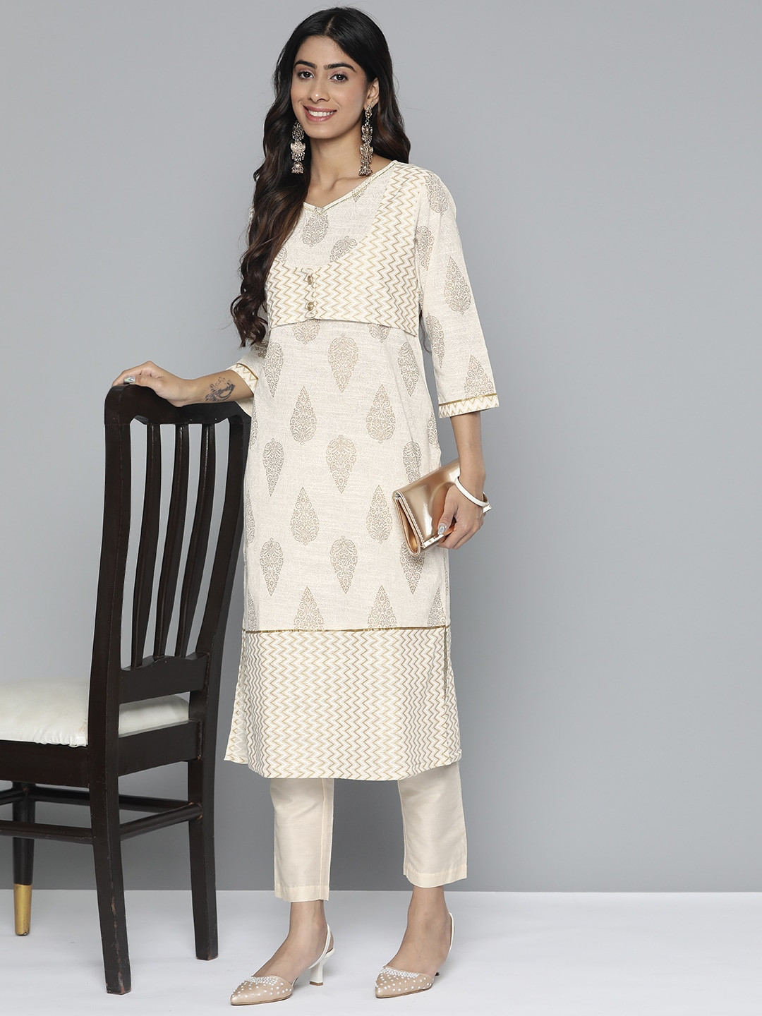 

HERE&NOW Women Pure Cotton Ethnic Motifs Printed Gotta Patti Straight Kurta, Off white