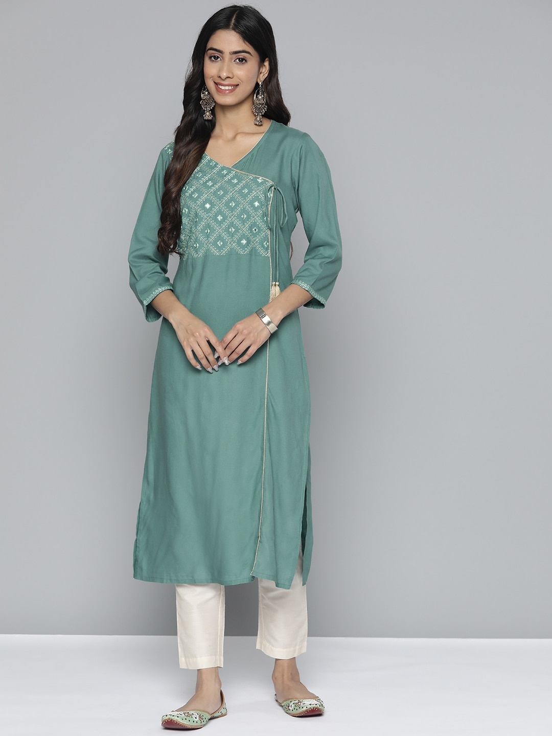 

HERE&NOW Women Pure Cotton Ethnic Motifs Mirror Work Angrakha Kurta, Green