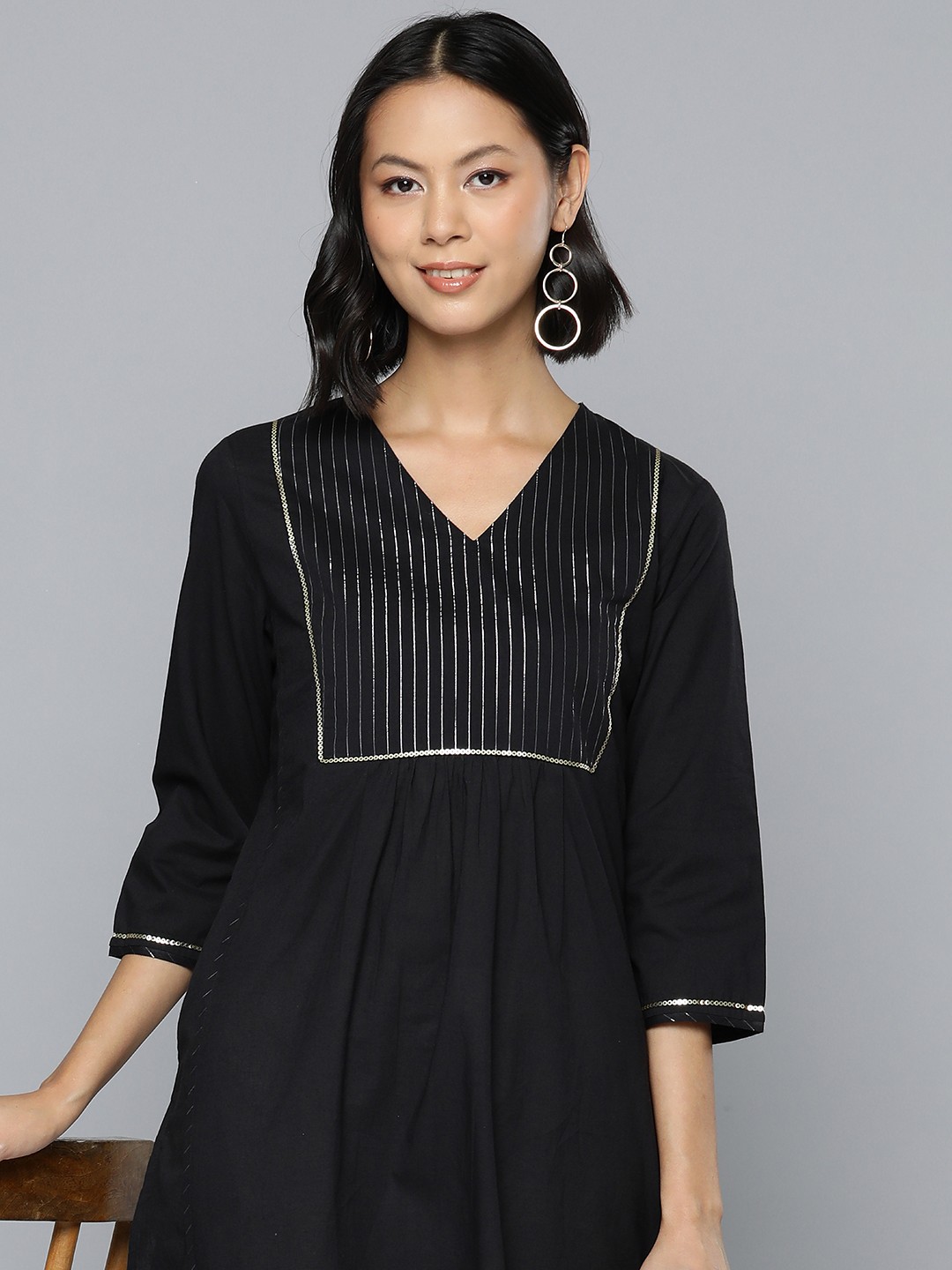 

HERE&NOW Pure Cotton Yoke Design Sequinned Pleated Kurta, Black