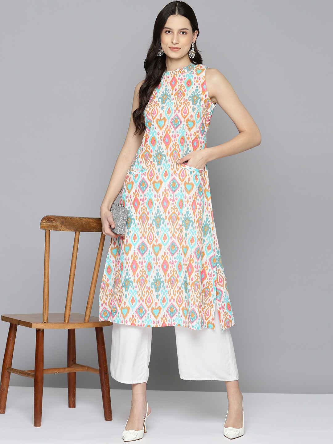 

HERE&NOW Pure Cotton Ikat Ethnic Printed A-Line Kurta, White