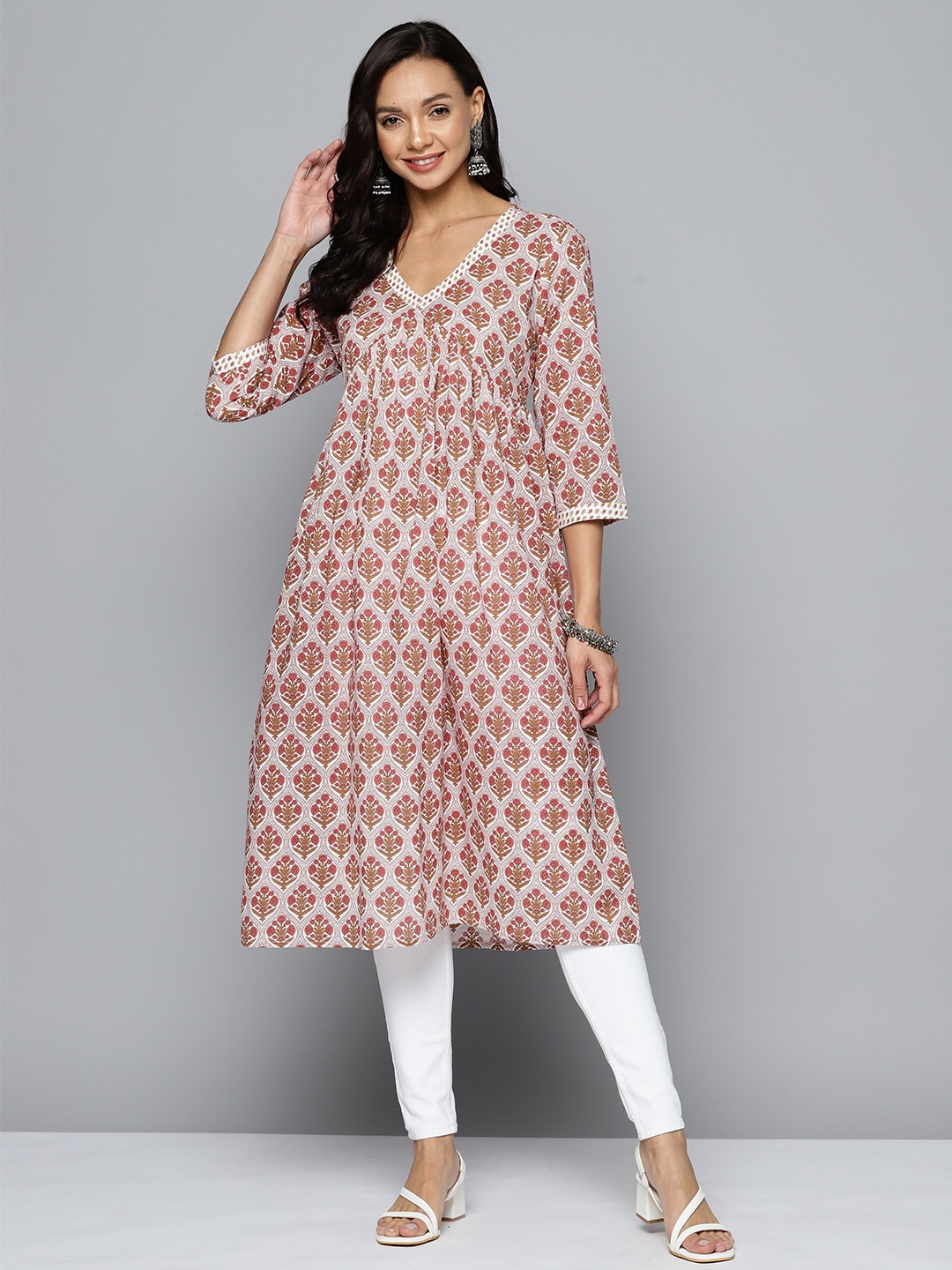 

HERE&NOW Ethnic Motifs Printed Empire A-Line Kurta, White