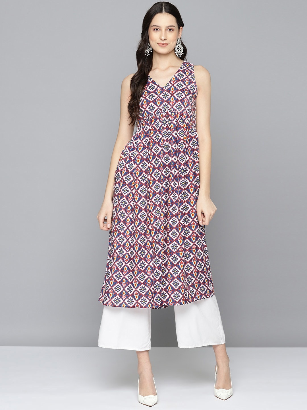 

HERE&NOW Ethnic Motifs Printed A-Line Kurta, Blue