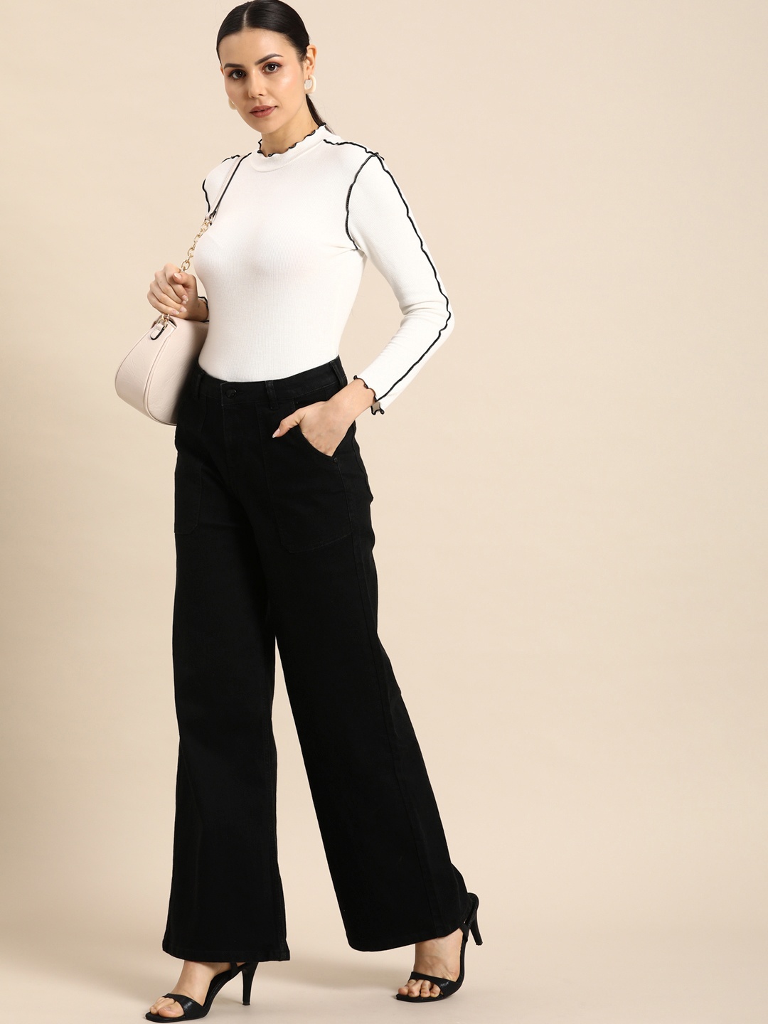 all about you Women Wide Leg Stretchable Jeans, Black