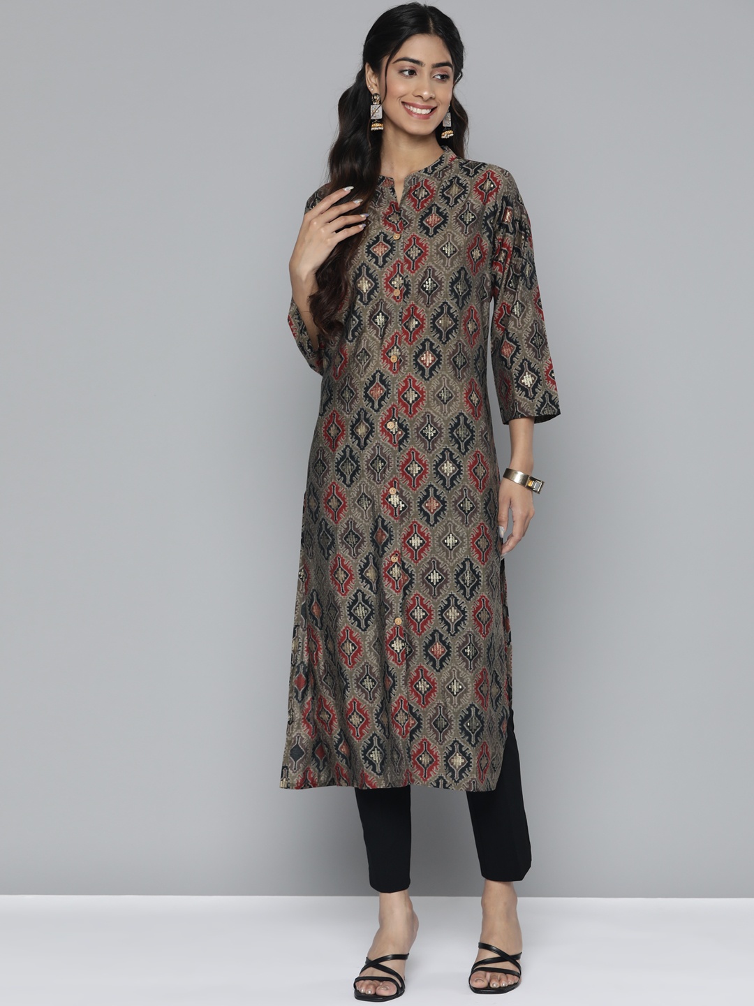 

HERE&NOW Pure Cotton Quirky Printed Straight Kurta, Taupe