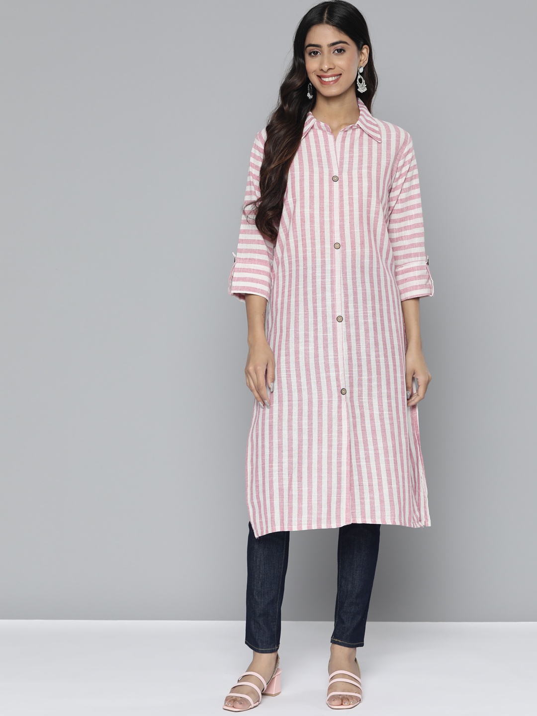 

HERE&NOW Pure Cotton Striped Straight Kurta, Pink