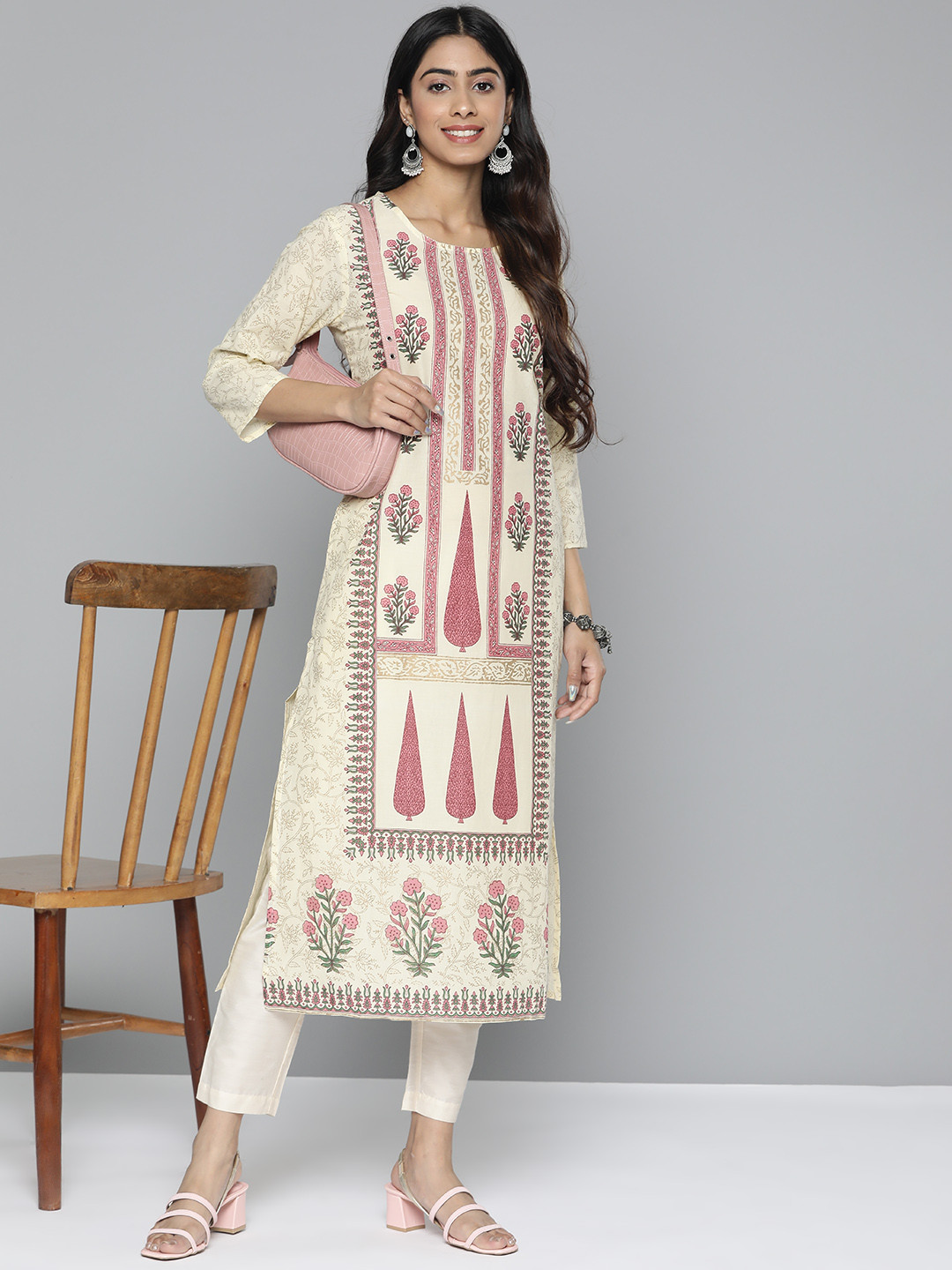 

HERE&NOW Pure Cotton Ethnic Motifs Printed Straight Kurta, Cream