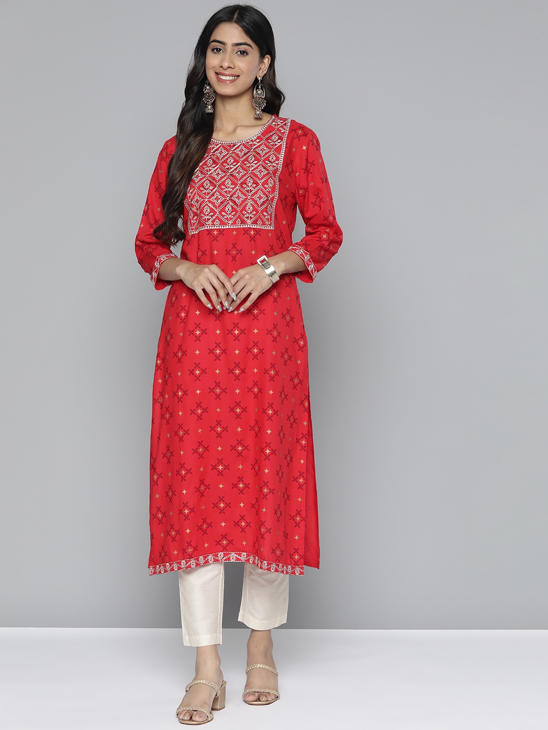 

HERE&NOW Pure Cotton Ethnic Motifs Printed Zari Embroidery Detail Straight Kurta, Red