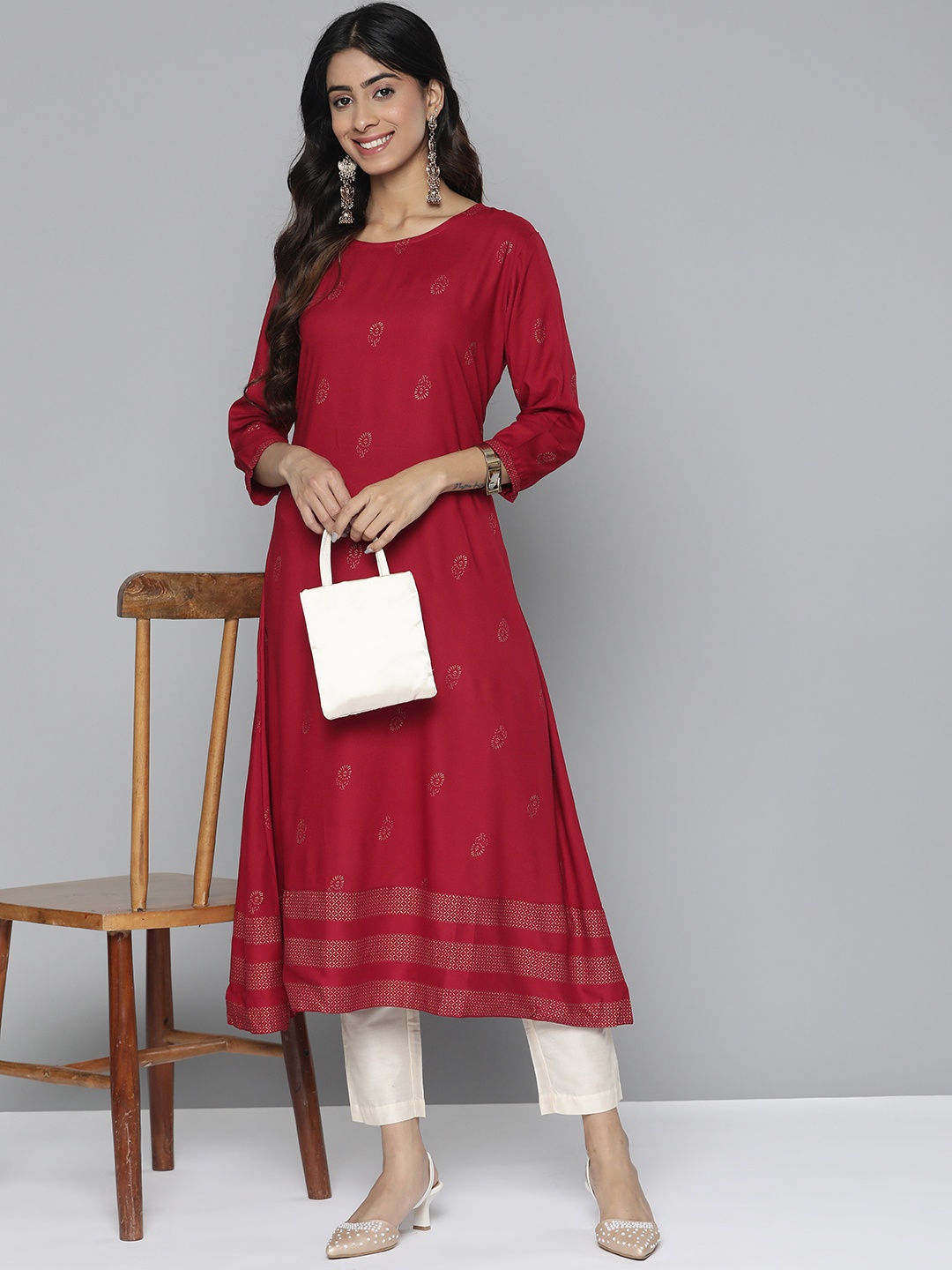 

HERE&NOW Women Ethnic Motifs Printed A-Line Flared Kurta, Red