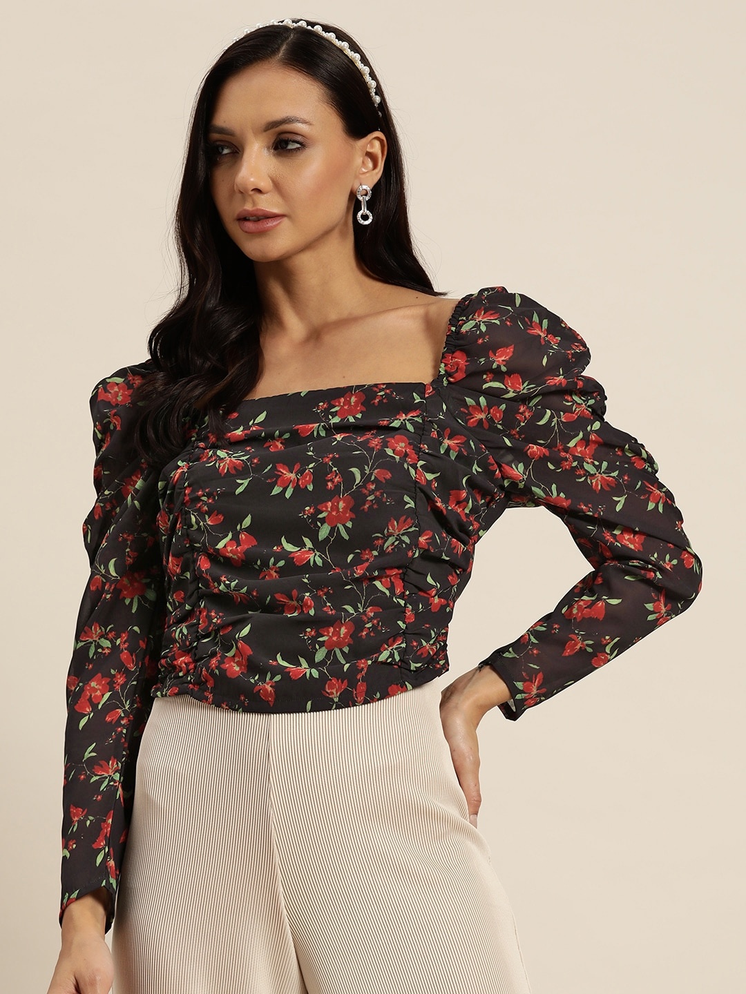 

Moda Rapido Floral Print Ruched Top, Black