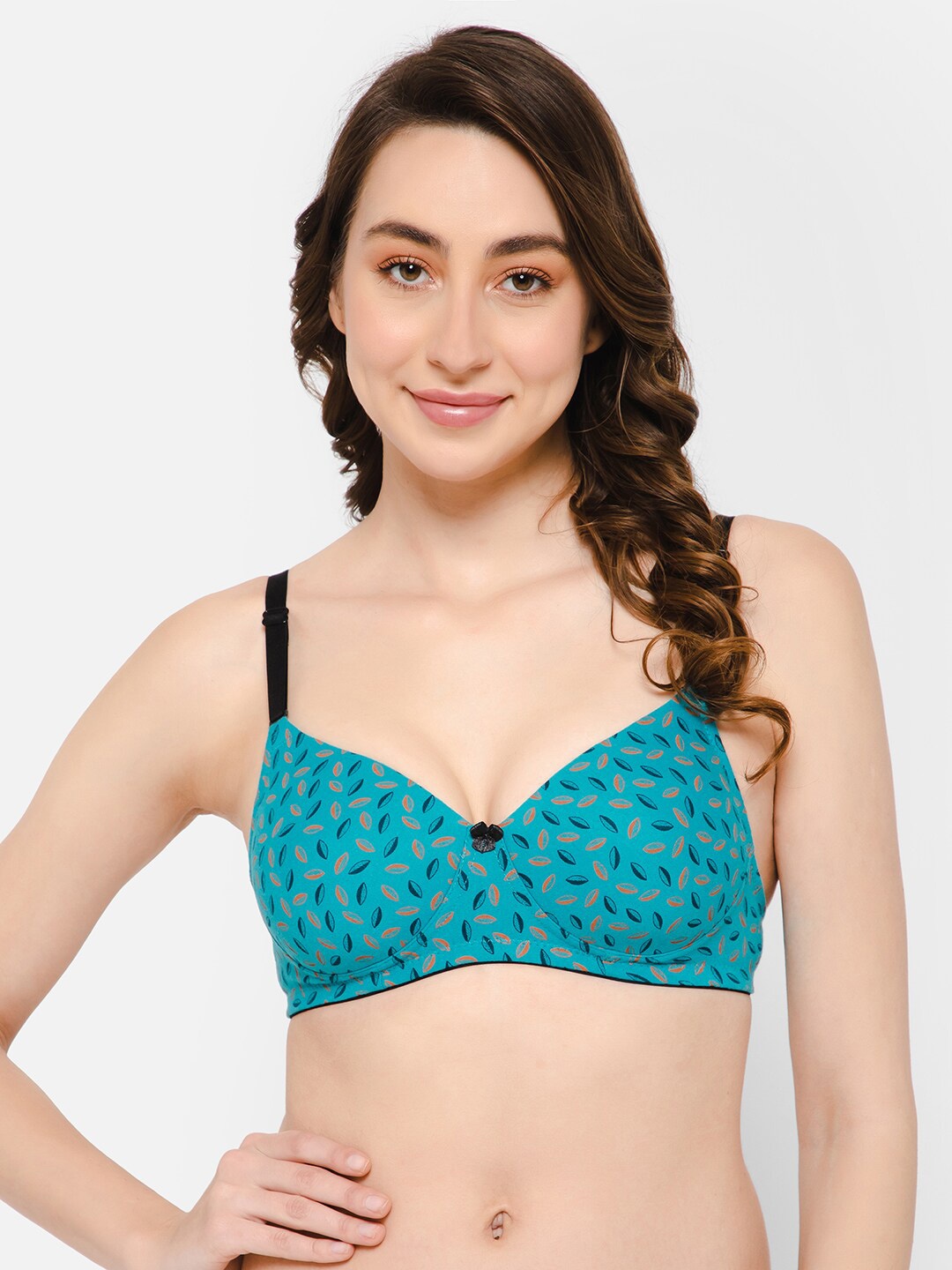 

Clovia Padded Non-Wired Full Cup Leaf Print Multiway T-shirt Bra, Turquoise blue