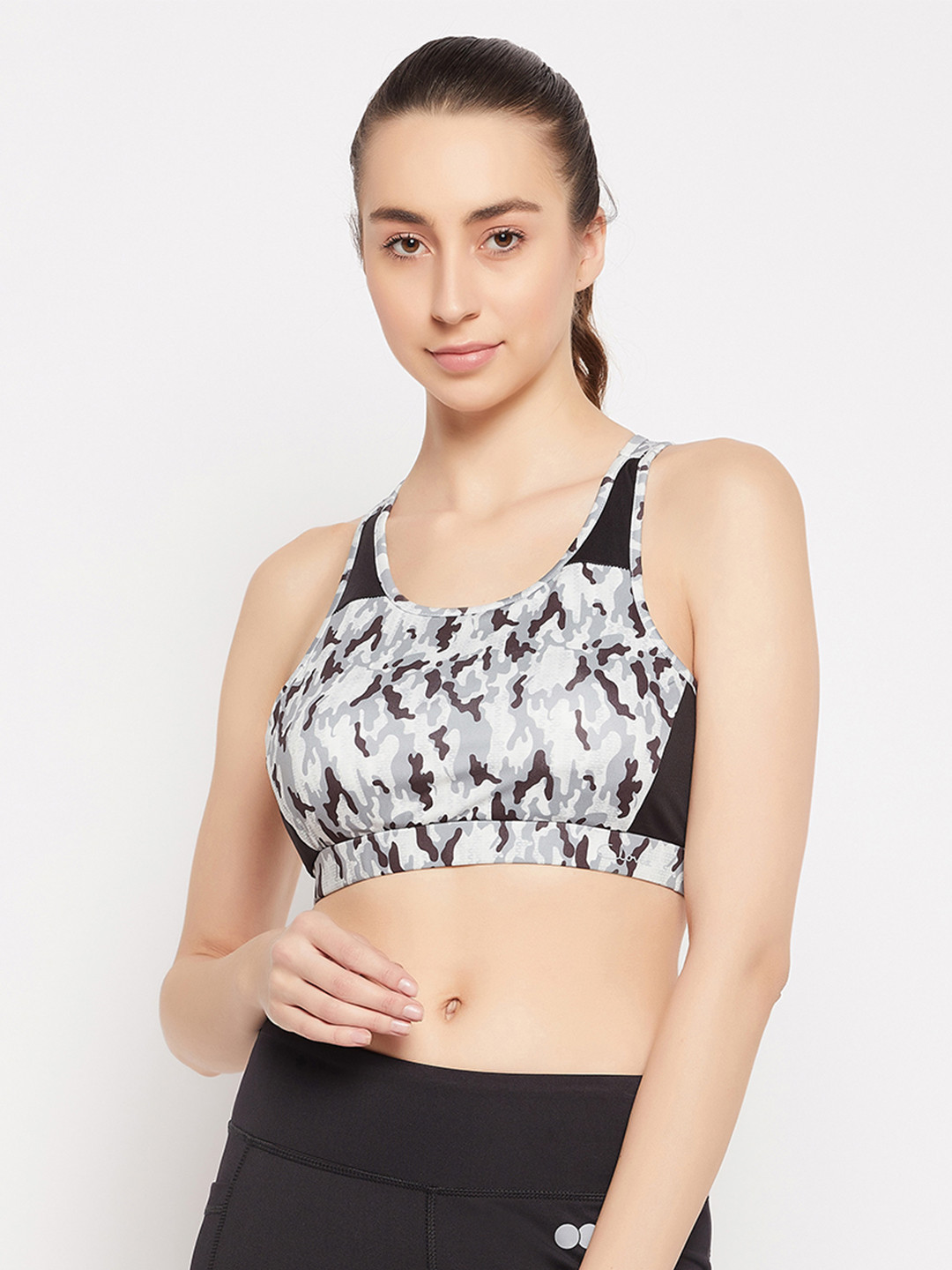 

Clovia Camouflage Printed Anti Odour Support Removable Padding Super Support Racerback Bra, White