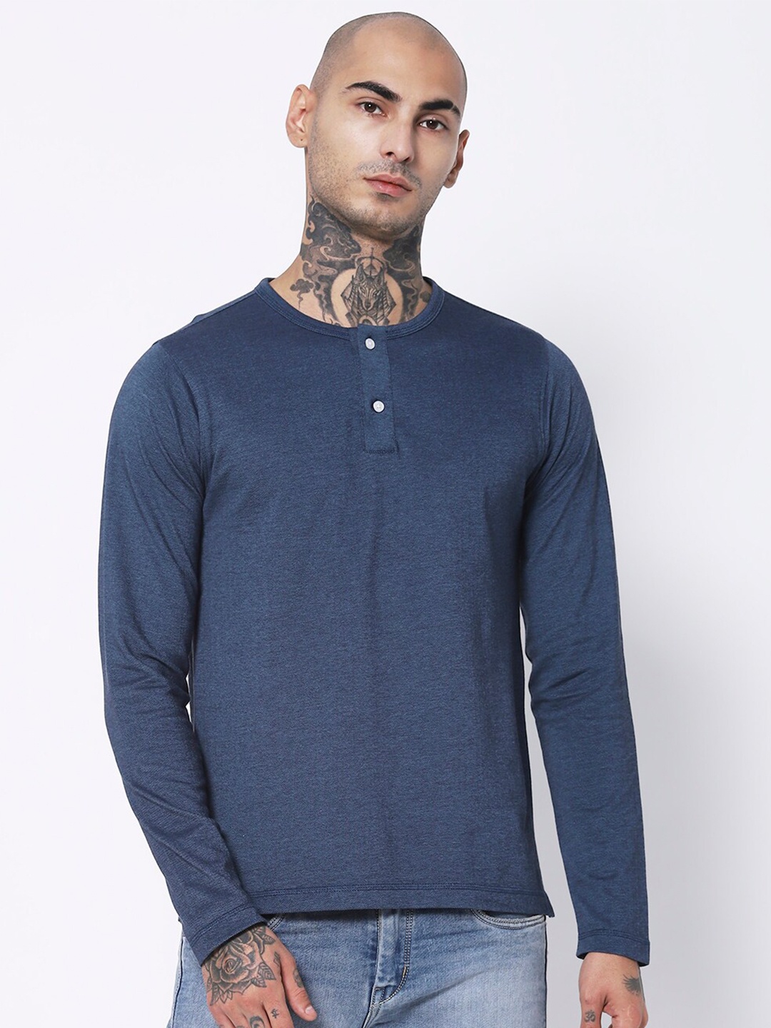 

VASTRADO Henley Neck Long Sleeves Cotton T-shirt, Navy blue